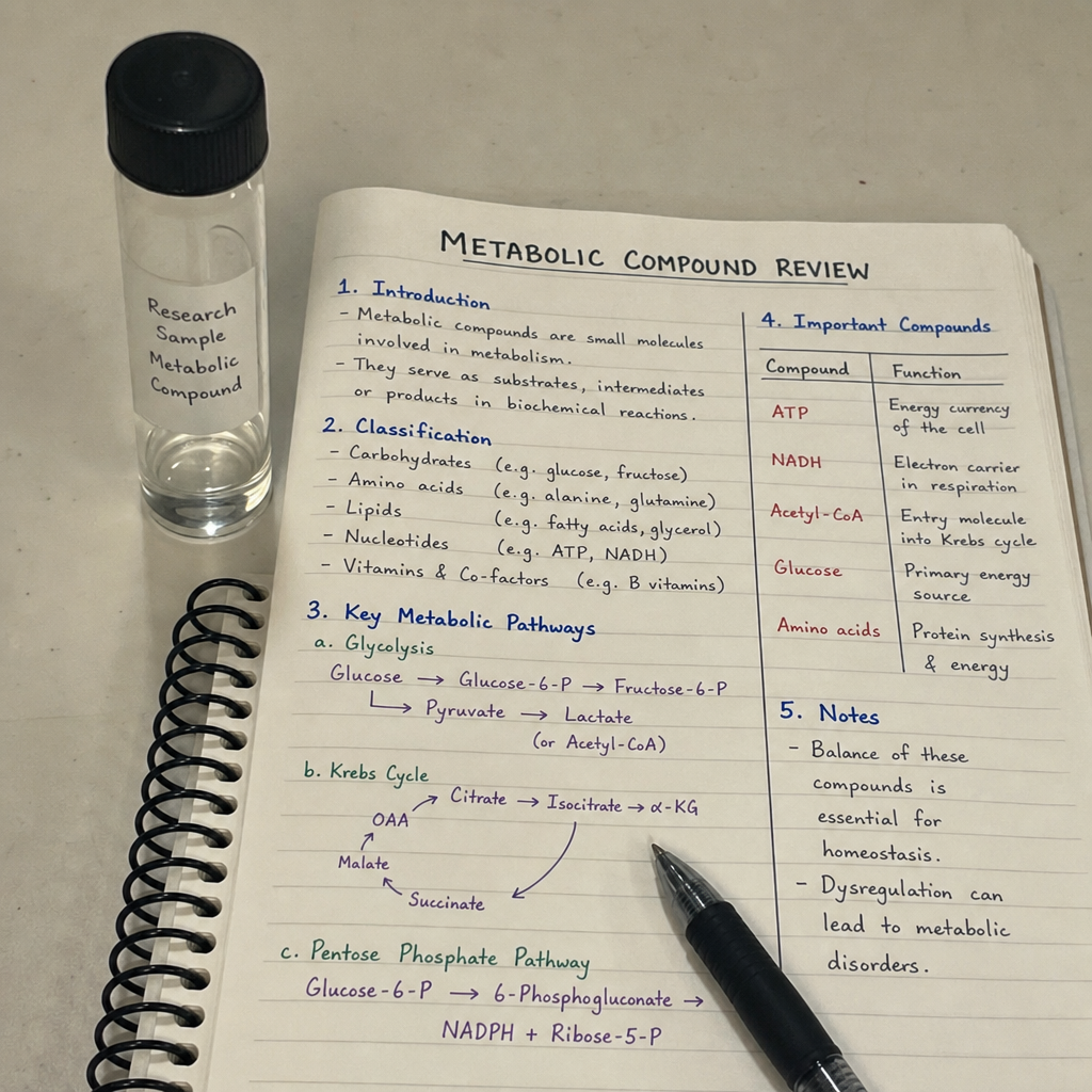 Research vial and notebook with handwritten metabolic compound review notes