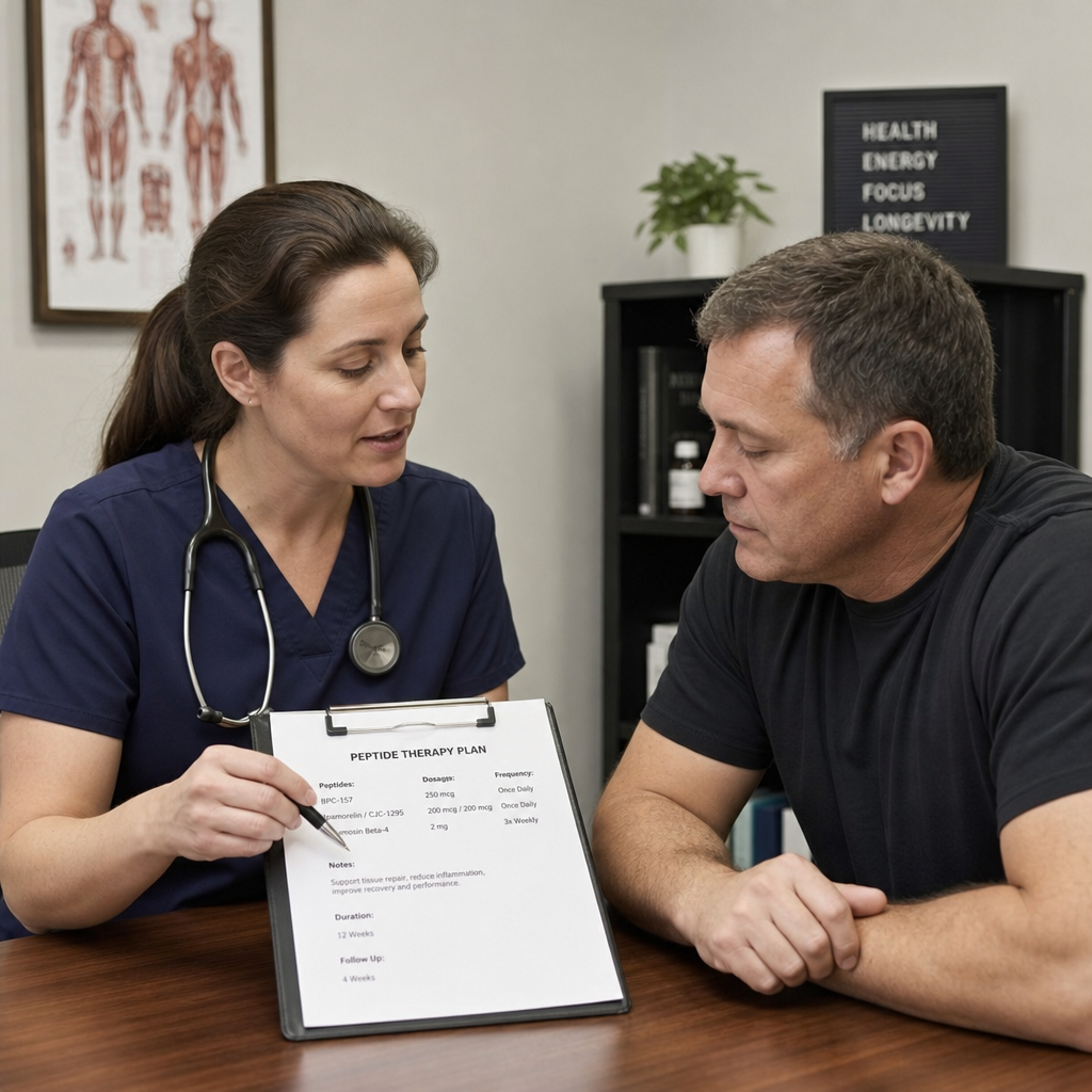 medical professional reviewing peptide therapy notes with patient