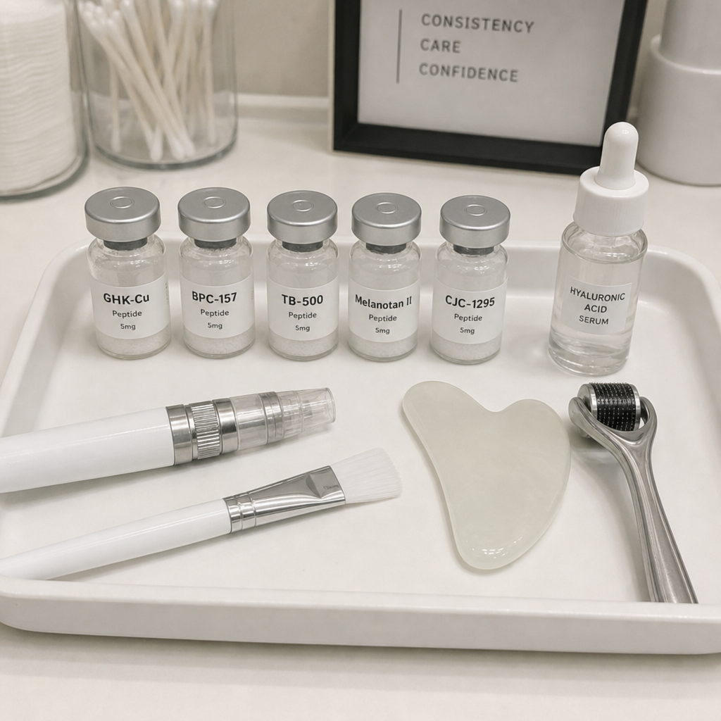 Peptide vials and skincare tools arranged on a clean clinic tray