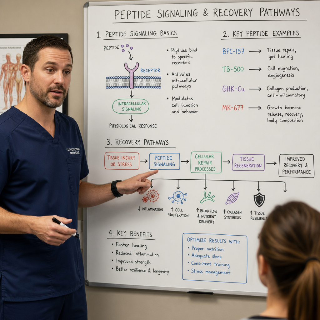 clinician explaining peptide signaling and recovery pathways