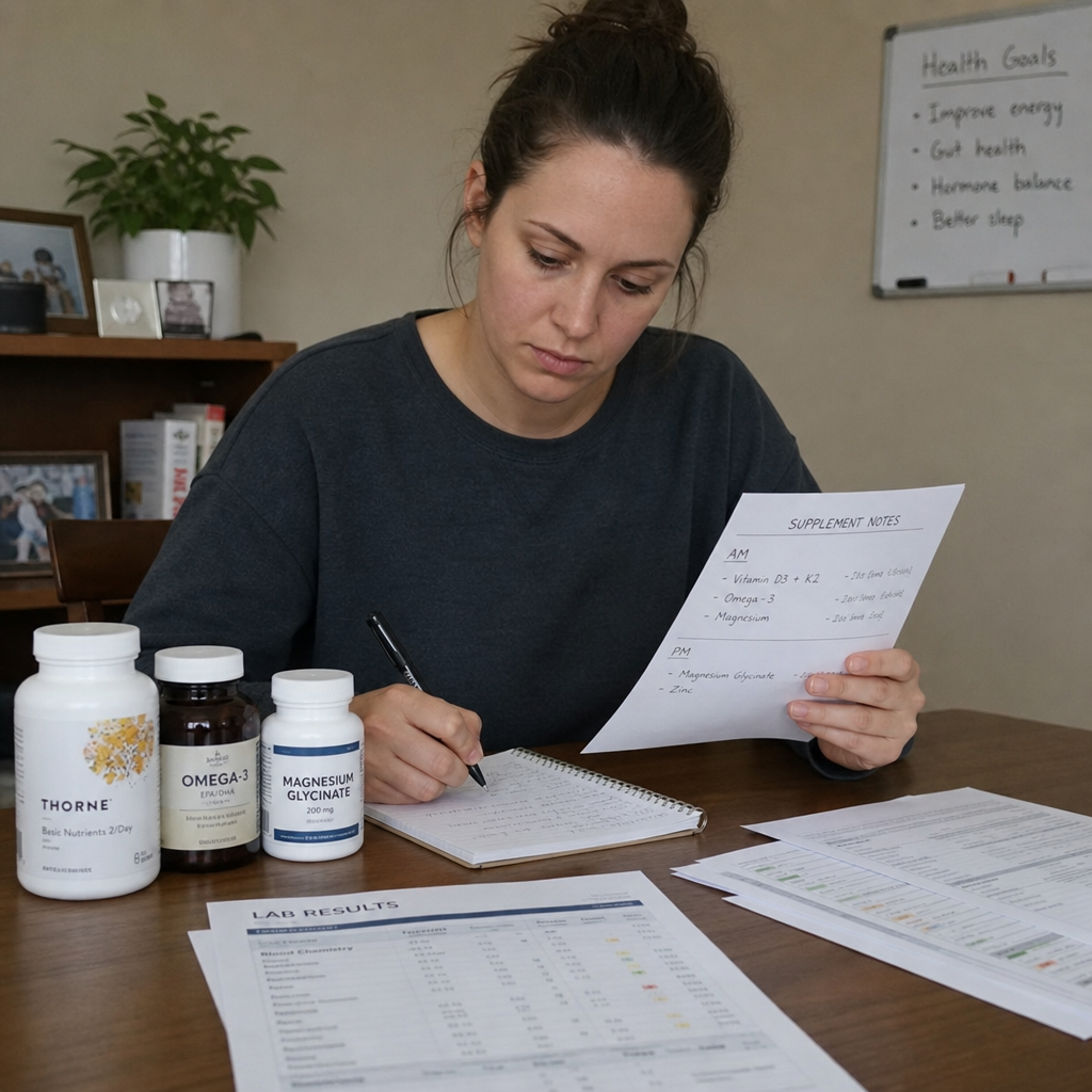 person reviewing supplement notes and lab paperwork
