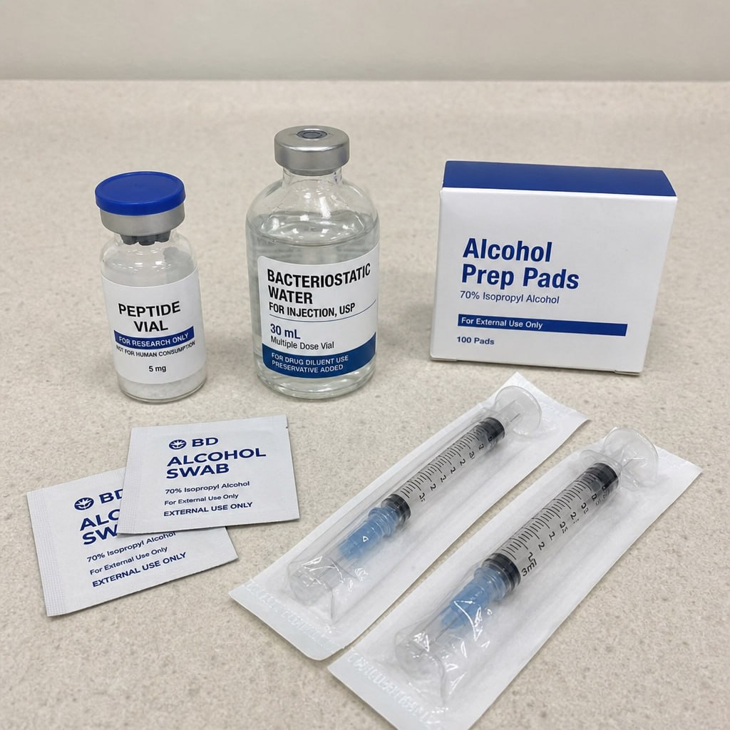 Research peptide vial, bacteriostatic water, alcohol swabs, and sterile syringes on a clean lab surface