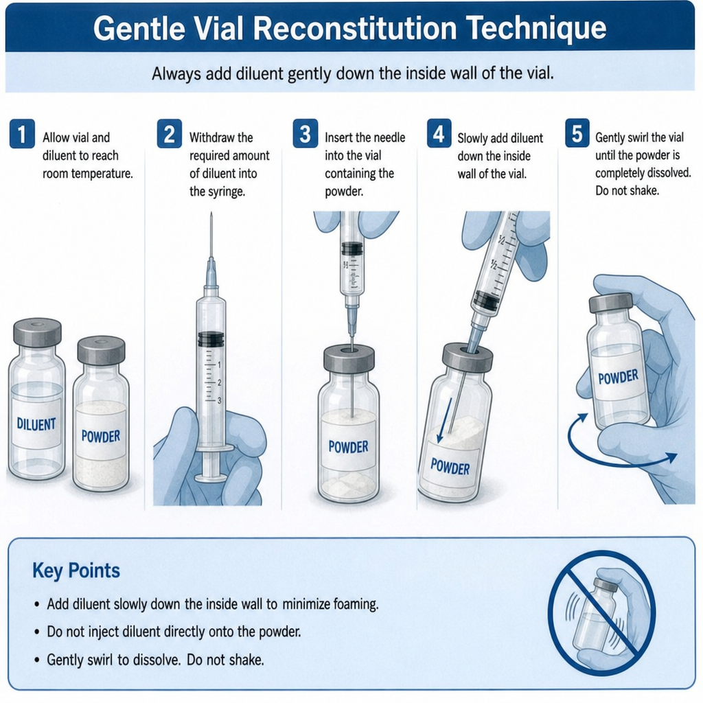 Five-step gentle vial reconstitution technique showing diluent added down the inside wall of the vial