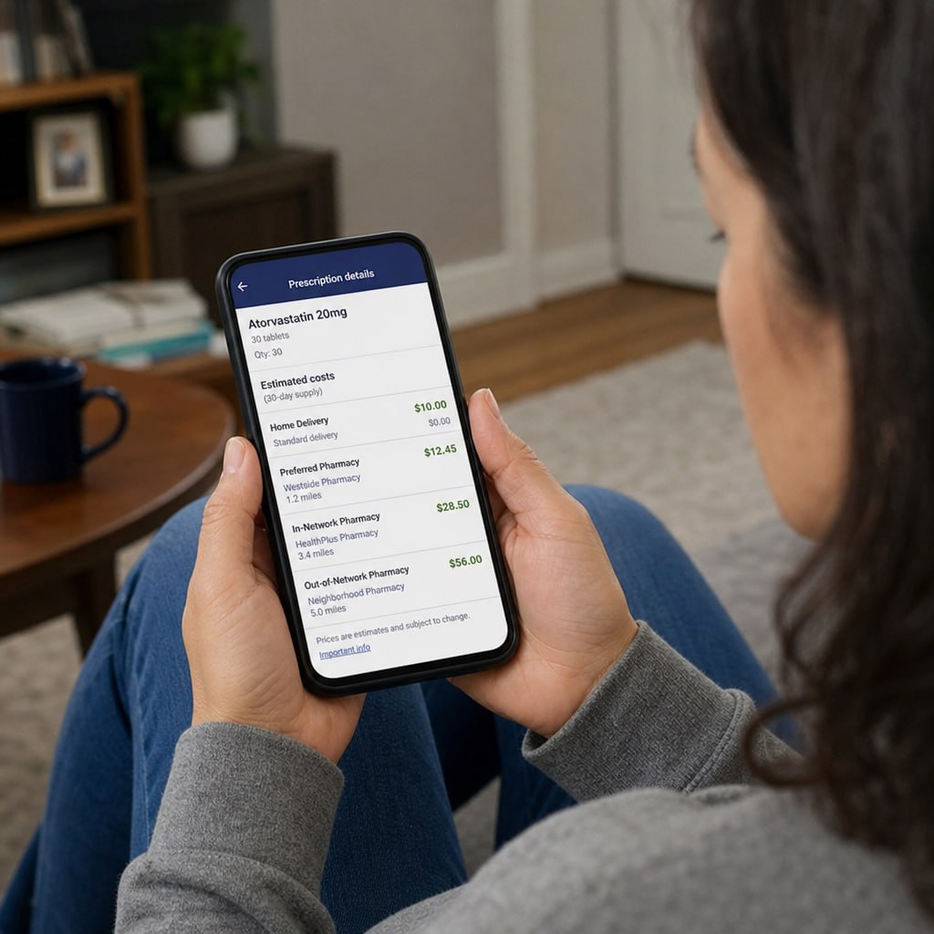 person reviewing prescription cost information on a phone