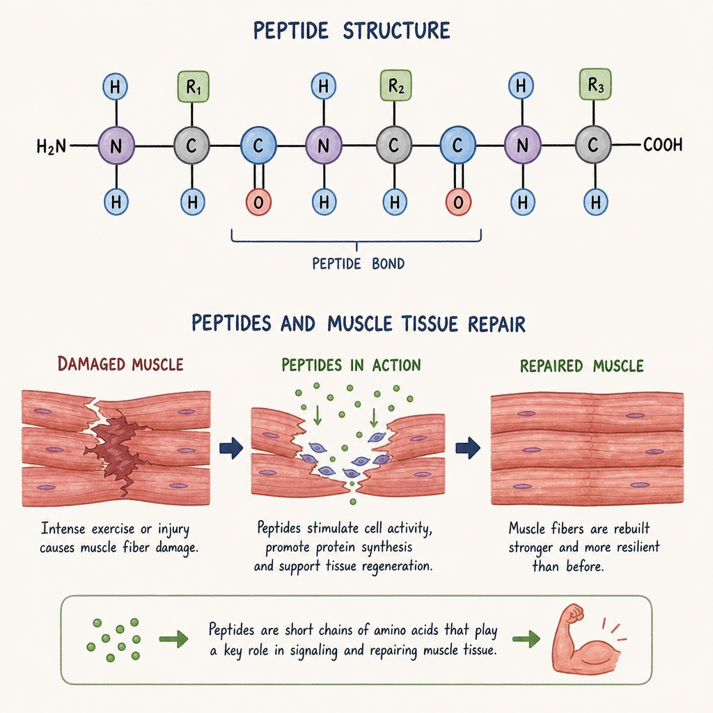 illustration of peptide structure and muscle tissue repair concept
