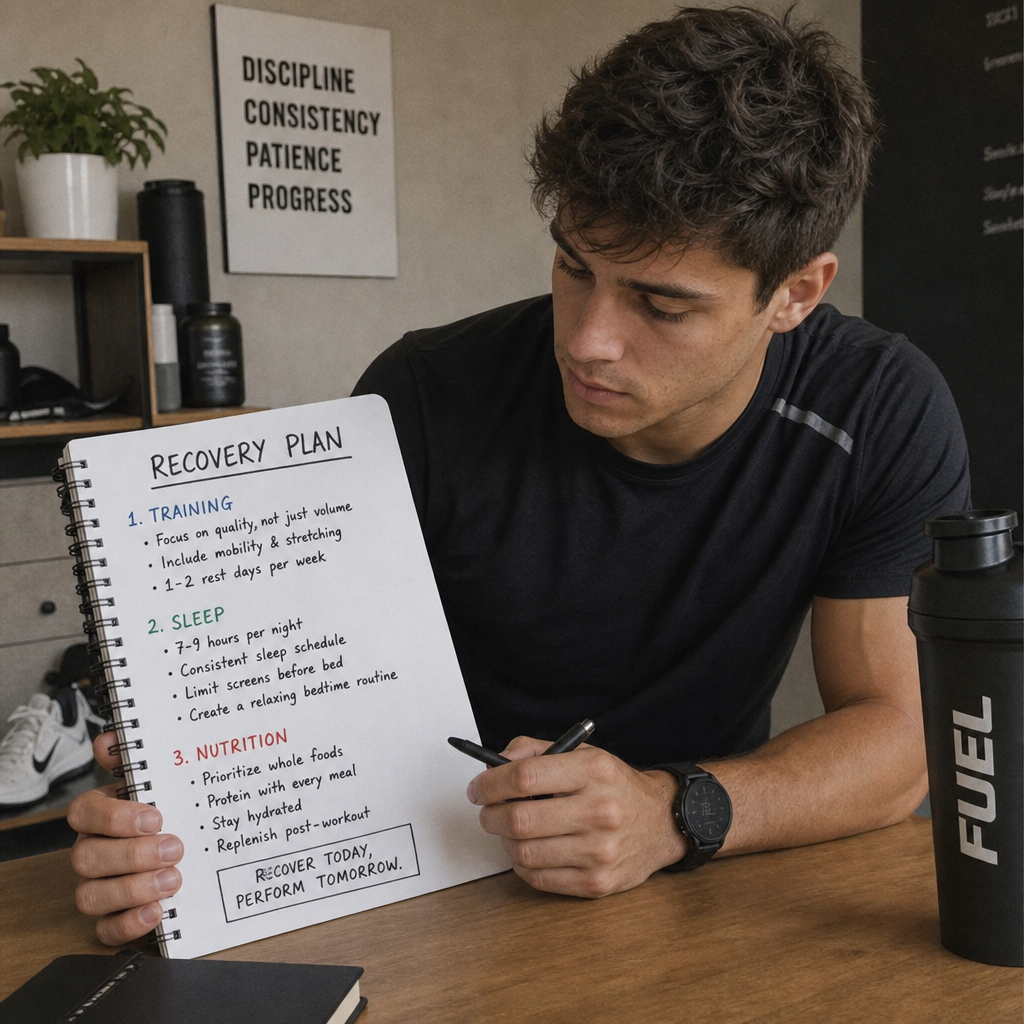 athlete reviewing recovery plan with notes on training sleep and nutrition