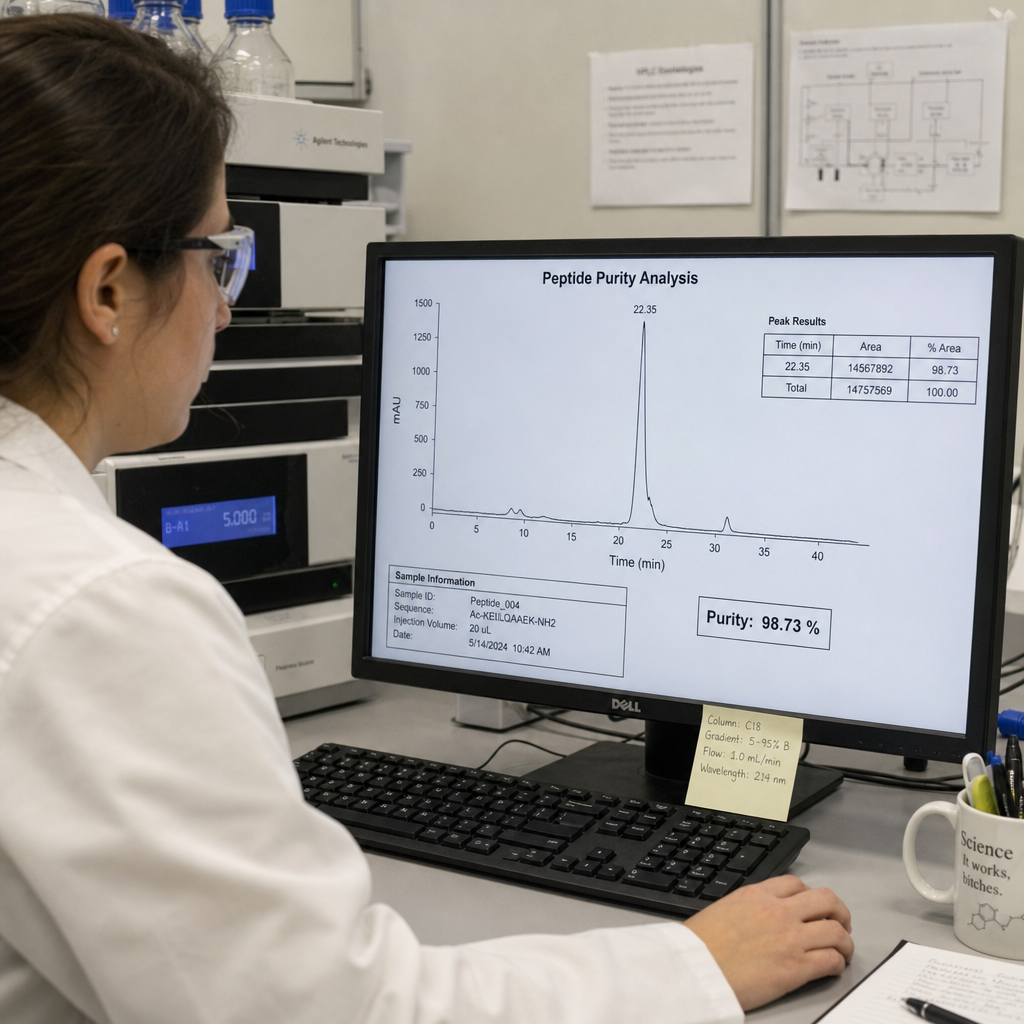 Scientist reviewing peptide purity chromatogram in a lab