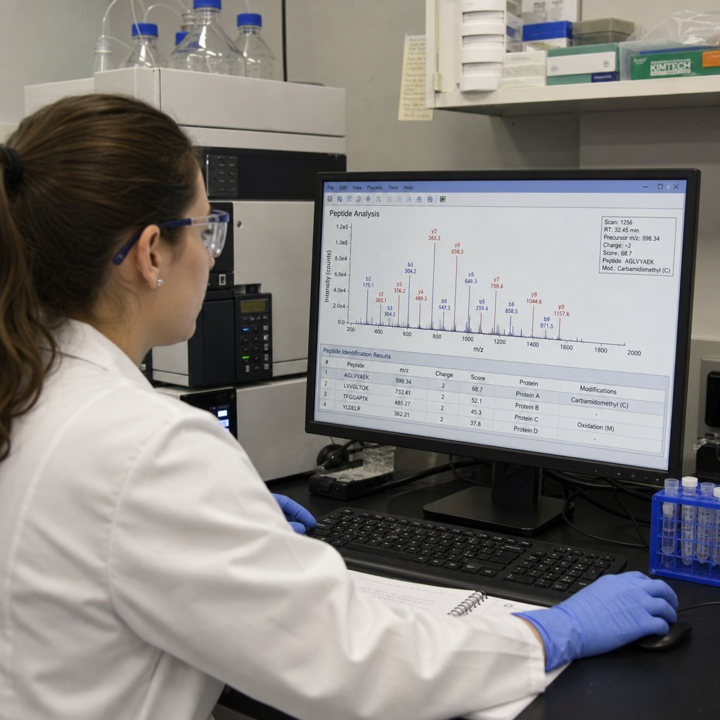 Laboratory technician reviewing peptide analysis data