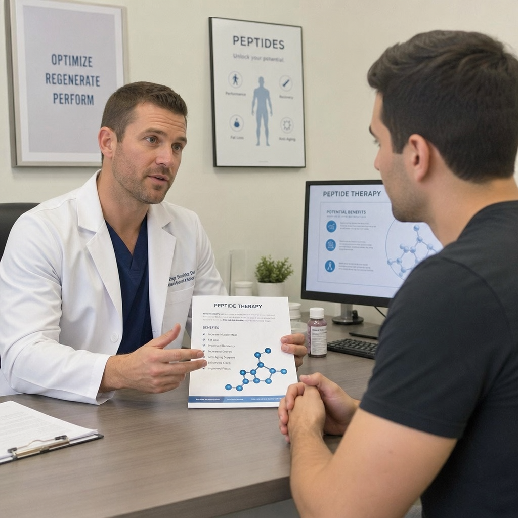 medical consultation about peptide therapy in a clean clinic setting