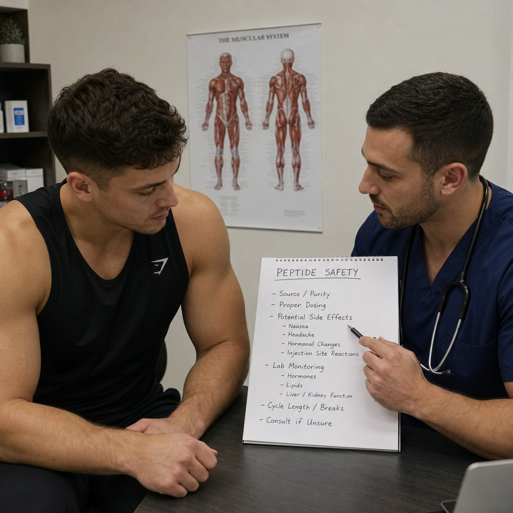 Athlete reviewing peptide safety notes with a clinician