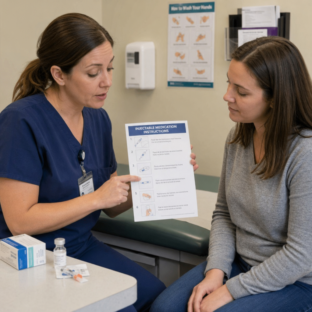clinician reviewing injectable medication instructions with patient