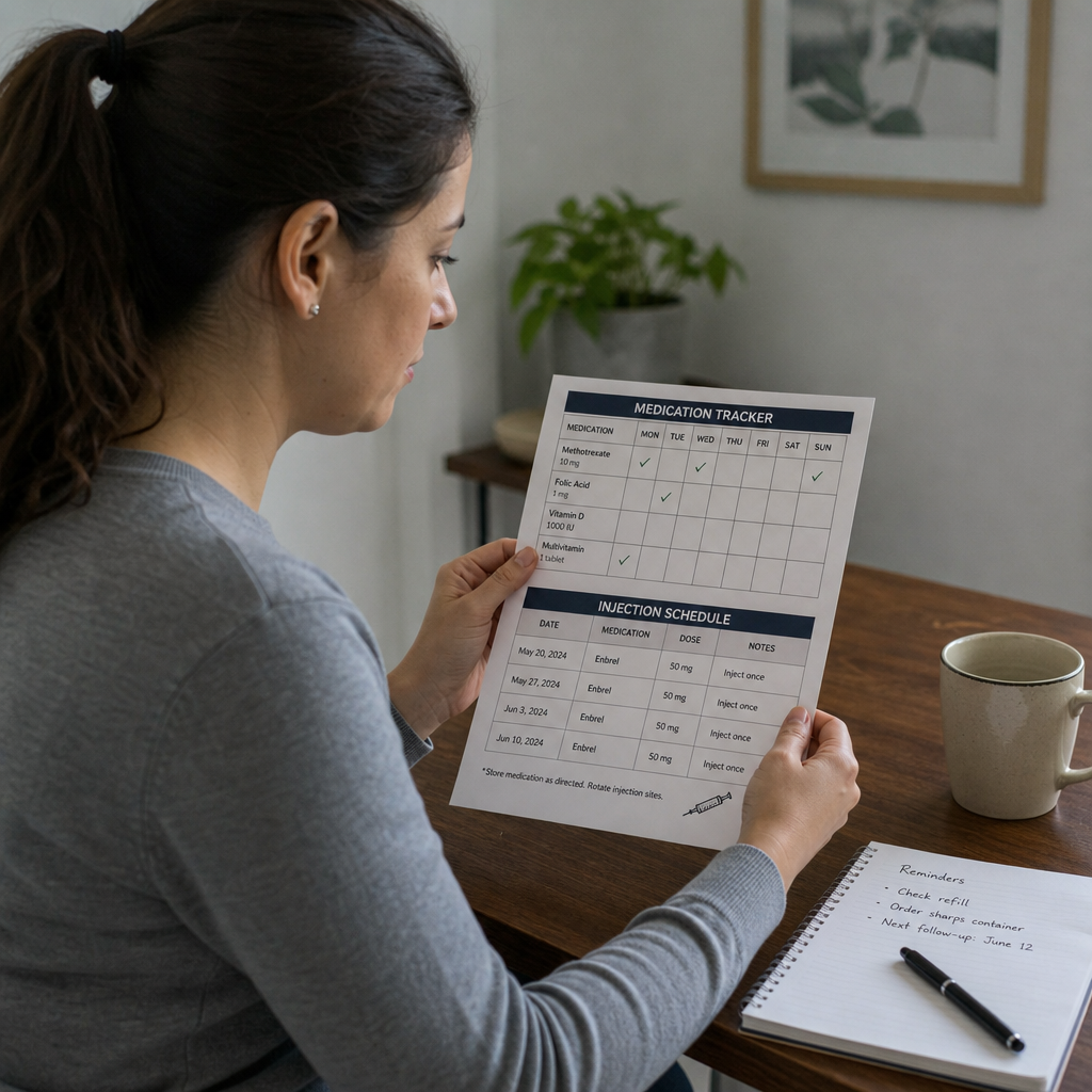 woman reviewing medication tracker and injection schedule