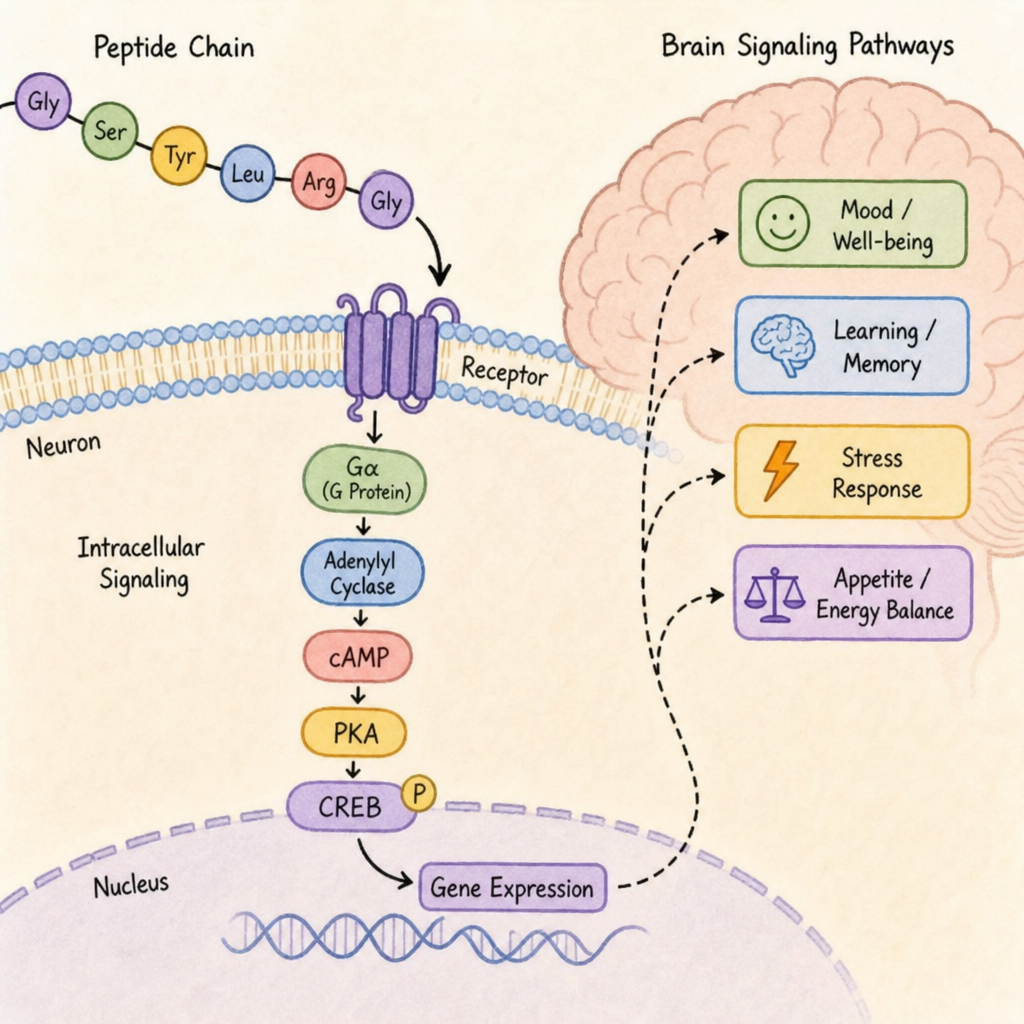illustration of a peptide chain connecting to brain signaling pathways