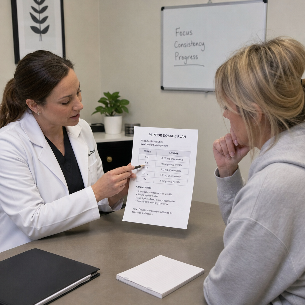 médico revisando um plano de dosagem de peptídeo com um paciente