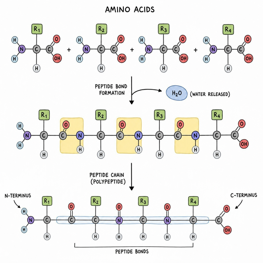 diagram showing amino acids forming a polypeptide chain through peptide bond formation