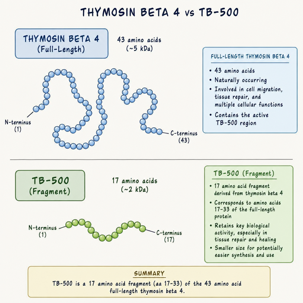 diagram comparing full-length thymosin beta 4 (43 amino acids) with the TB-500 fragment (17 amino acids)