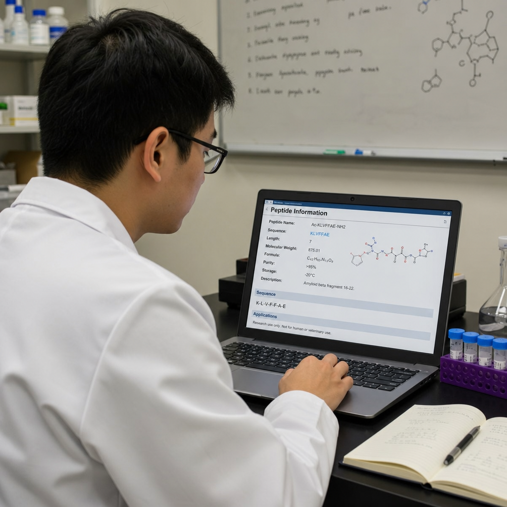 Researcher reviewing peptide information on a laptop in a laboratory setting