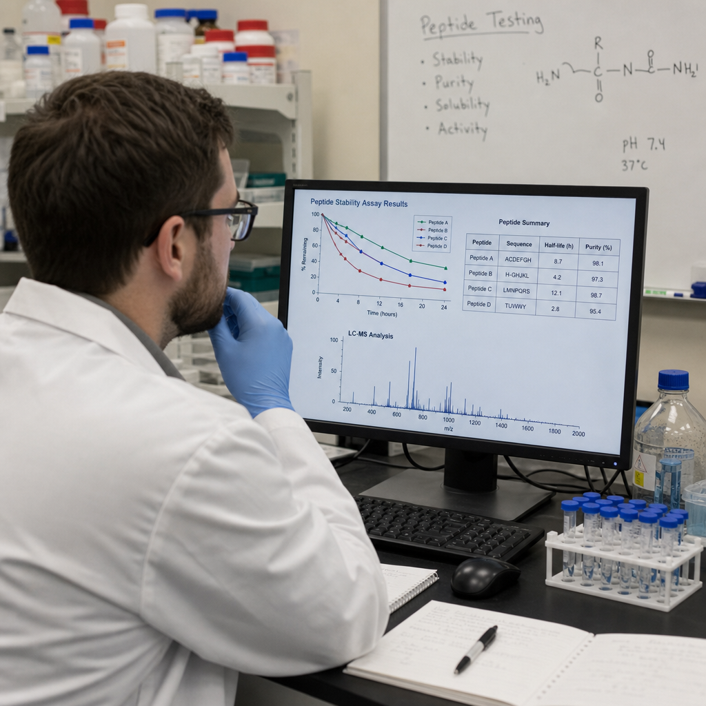 scientist reviewing peptide testing data in a laboratory
